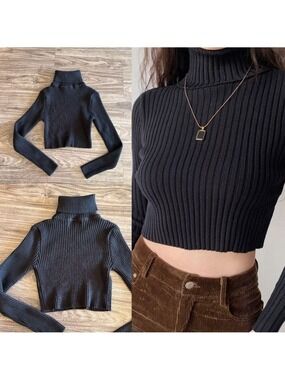 Tic Tok Womens Winter Cropped black turtleneck Ribbed Long Sleeve